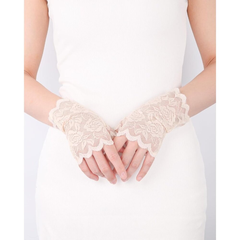 Women's Apricot Fingerless Floral Short Lace Gloves Halloween Party Accessories - Picture 5 of 5